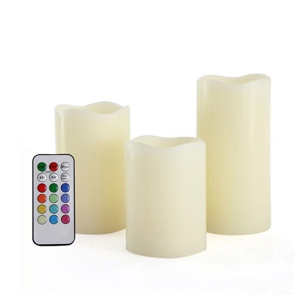 Unilution Unilution CAC70RW31456M Round Melted Edge Remote Controlled Changing Flameless Wax Pillar Candles; Multicolor - Set of 3 - CAC70RW31456M