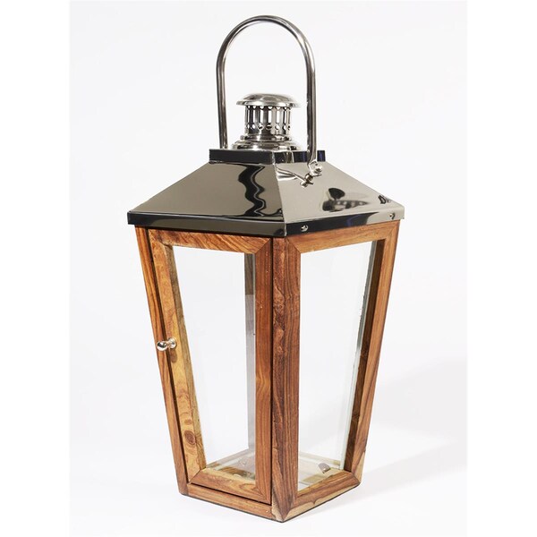 Northlight Seasonal 24.75 in. Beach Day Over-Sized Stainless Steel and Sheesham Wood Modern Pillar Candle Lantern - 31370348