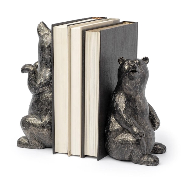 Homeroots Tone Grizzly Bear Bookends, Metallic Chrome - 392139