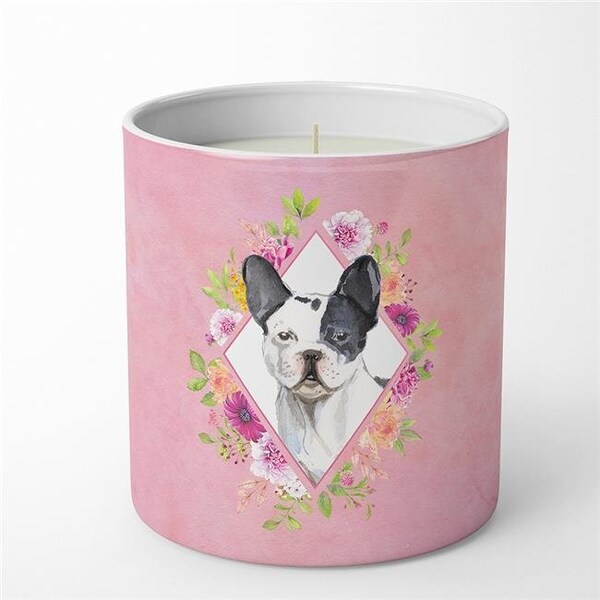 Carolines Treasures Carolines Treasures CK4260CDL 10 oz Black & White Frenchie Pink Flowers Decorative Soy Candle - CK4260CDL