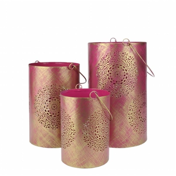Northlight Seasonal Fuschia Pink and Gold Decorative Floral Cut-Out Pillar Candle Lanterns - 31580035