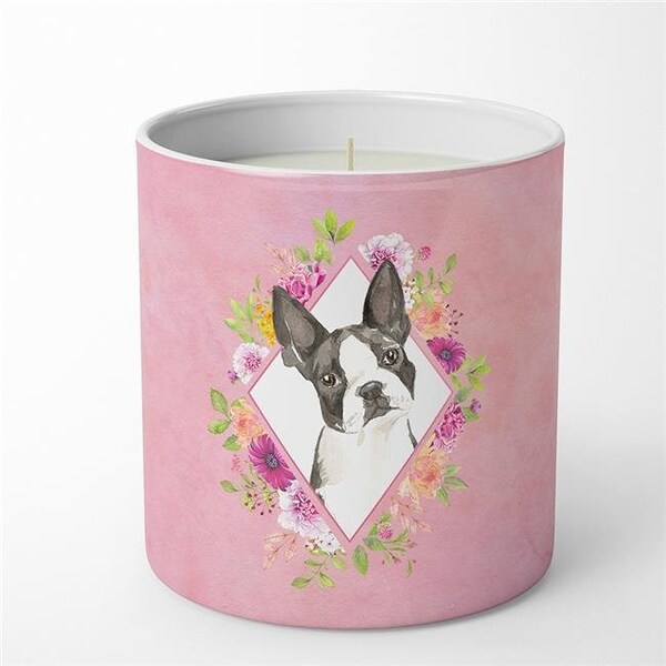 Carolines Treasures Carolines Treasures CK4257CDL 10 oz Boston Terrier Pink Flowers Decorative Soy Candle - CK4257CDL