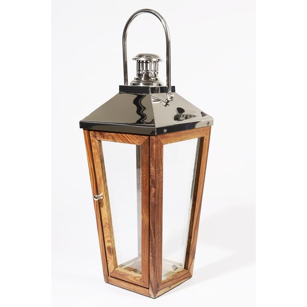 Northlight Seasonal 28.5 in. Beach Day Over-Sized Modern Stainless Steel and Sheesham Wooden Pillar Candle Lantern - 31370333