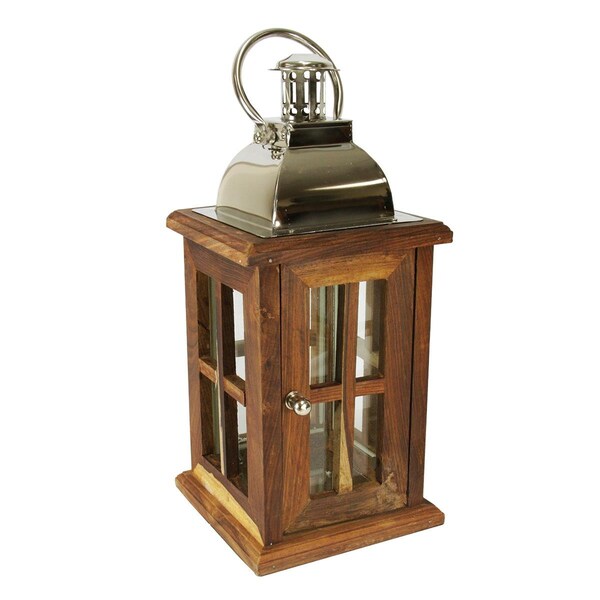 Northlight Seasonal 18 in. Modern Sheesham Wood Candle Lantern With Silver Metal Handle - 31319813