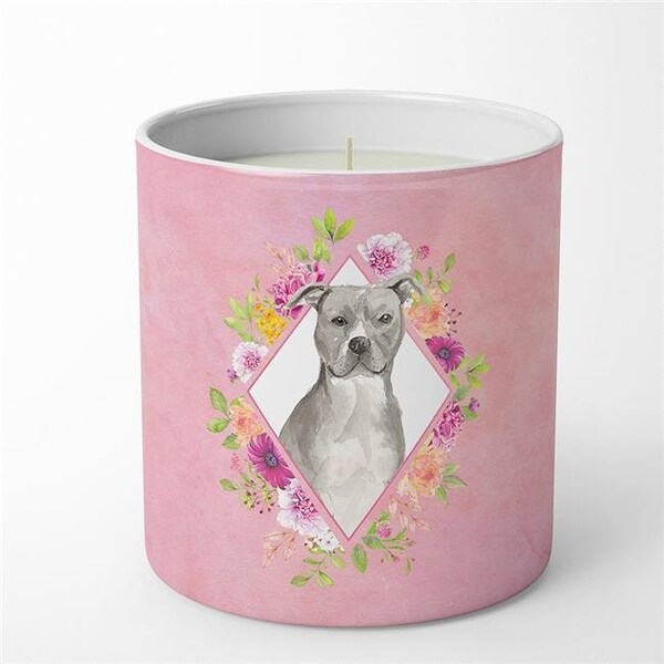 Carolines Treasures Carolines Treasures CK4269CDL 10 oz Blue Pit Bull Terrier Pink Flowers Decorative Soy Candle - CK4269CDL