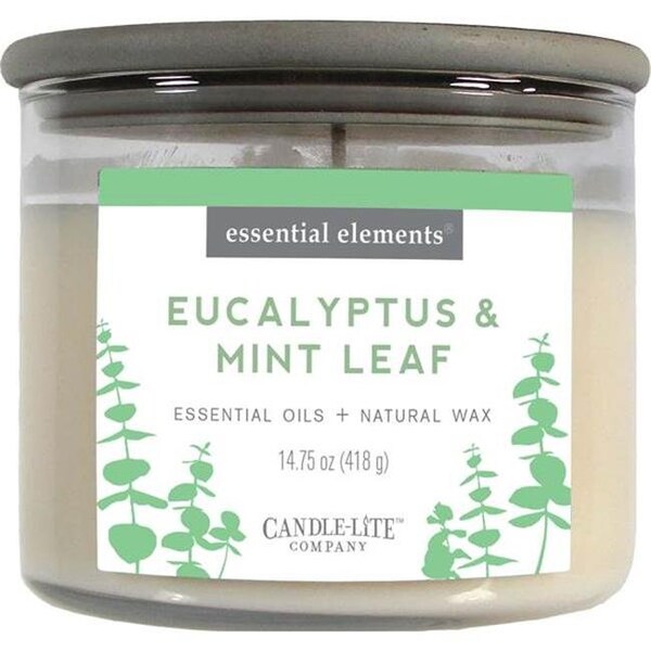 Candlelite Candle Lite 251066 14.75 oz Eucalyptus & Mint Leaf 3-Wick Jar Candle with Gray Wood Lid - 251066