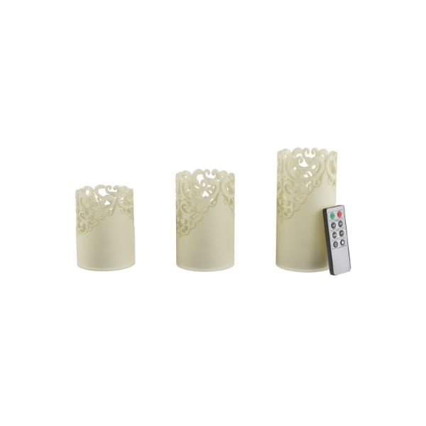 Hastings Home Set of 3 LED Candles, Remote Control, Lace Detailed, Vanilla Scented Wax, Realistic Flameless Lights - 457774ZAF