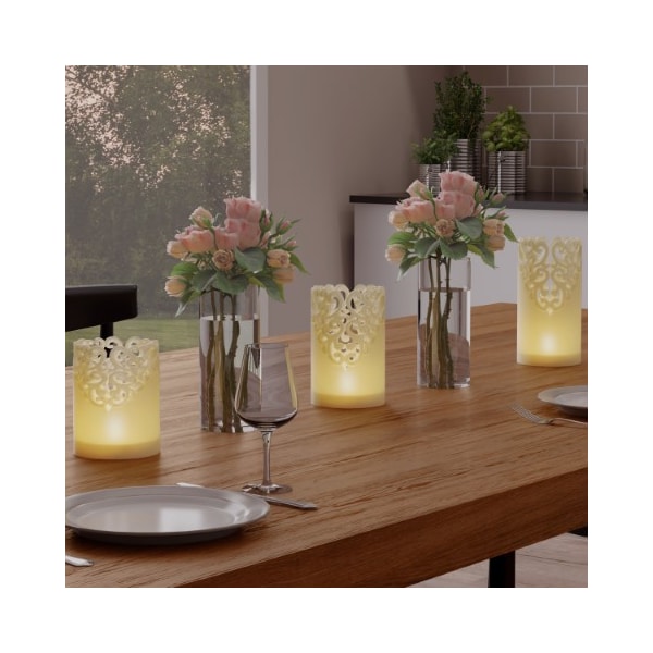 Hastings Home Set of 3 LED Candles, Remote Control, Lace Detailed, Vanilla Scented Wax, Realistic Flameless Lights - 457774ZAF