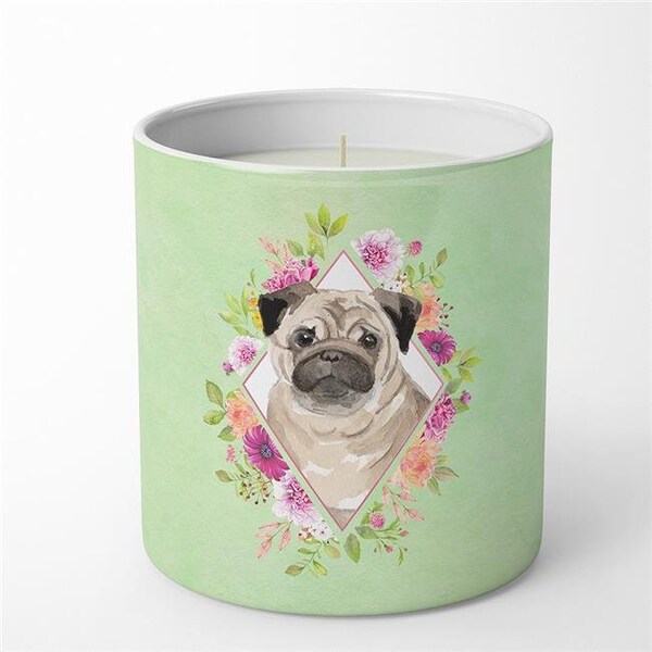 Carolines Treasures Carolines Treasures CK4378CDL 10 oz Fawn Pug Green Flowers Decorative Soy Candle - CK4378CDL