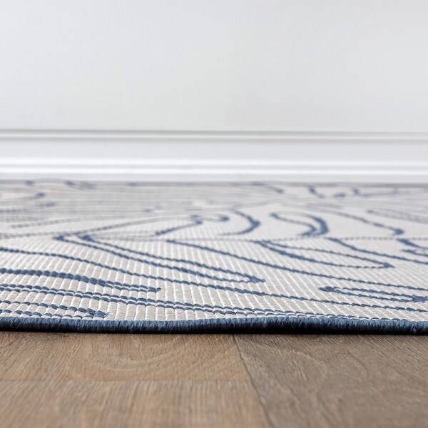 World Rug Gallery Contemporary Tropical Leaves Weather Resistant Indoor/Outdoor Runner Rug 2' x 7' Blue - 4031BLUE2X7