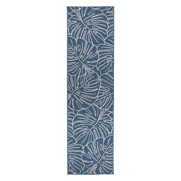 World Rug Gallery Contemporary Tropical Leaves Weather Resistant Indoor/Outdoor Runner Rug 2' x 7' Blue - 4031BLUE2X7