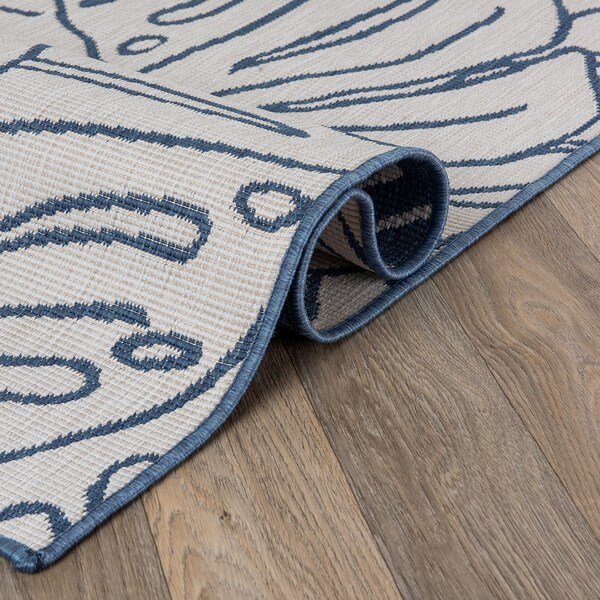 World Rug Gallery Contemporary Tropical Leaves Weather Resistant Indoor/Outdoor Runner Rug 2' x 7' Blue - 4031BLUE2X7