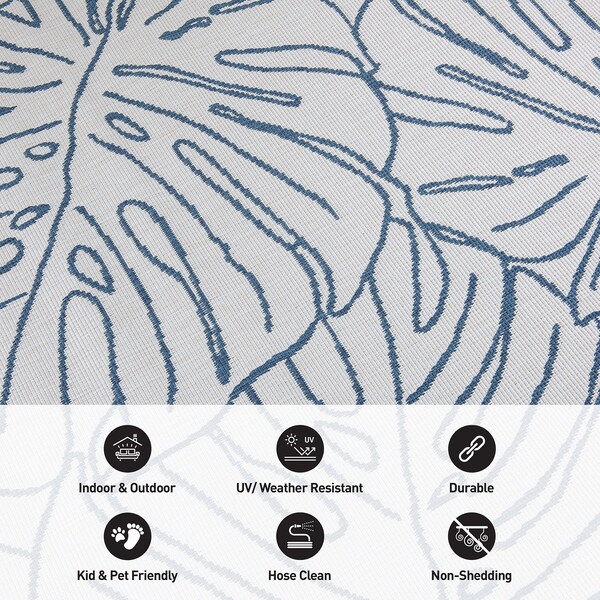 World Rug Gallery Contemporary Tropical Leaves Weather Resistant Indoor/Outdoor Runner Rug 2' x 7' Blue - 4031BLUE2X7