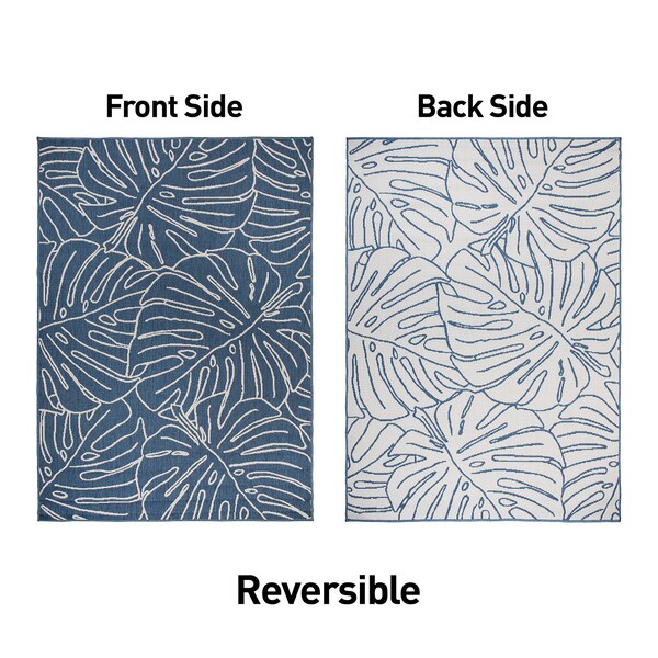 World Rug Gallery Contemporary Tropical Leaves Weather Resistant Indoor/Outdoor Runner Rug 2' x 7' Blue - 4031BLUE2X7