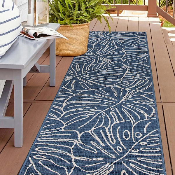 World Rug Gallery Contemporary Tropical Leaves Weather Resistant Indoor/Outdoor Runner Rug 2' x 7' Blue - 4031BLUE2X7