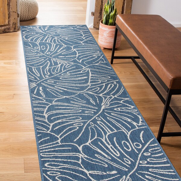 World Rug Gallery Contemporary Tropical Leaves Weather Resistant Indoor/Outdoor Runner Rug 2' x 7' Blue - 4031BLUE2X7