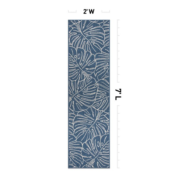World Rug Gallery Contemporary Tropical Leaves Weather Resistant Indoor/Outdoor Runner Rug 2' x 7' Blue - 4031BLUE2X7