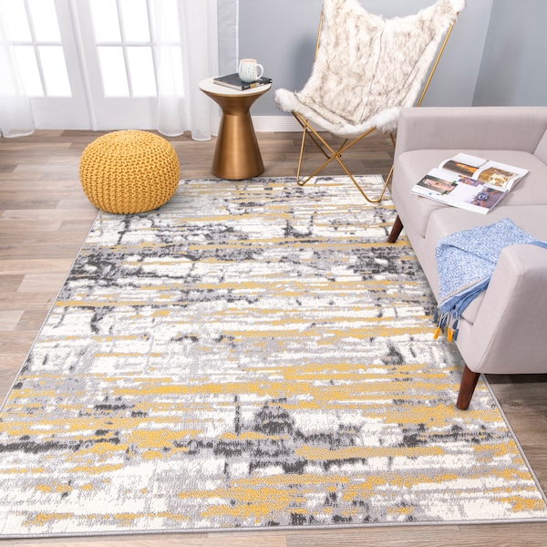 World Rug Gallery Vintage Modern Abstract Yellow/Gray/Ivory Area Rug 5'x7' - 2057YELLOW5X7