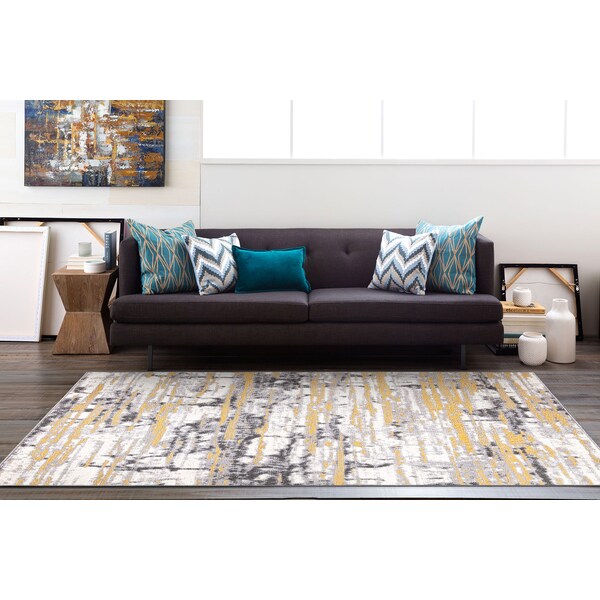 World Rug Gallery Vintage Modern Abstract Yellow/Gray/Ivory Area Rug 5'x7' - 2057YELLOW5X7