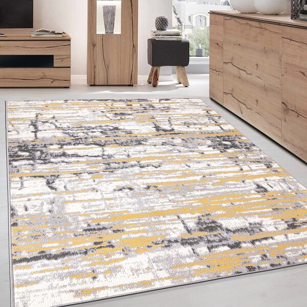 World Rug Gallery Vintage Modern Abstract Yellow/Gray/Ivory Area Rug 5'x7' - 2057YELLOW5X7