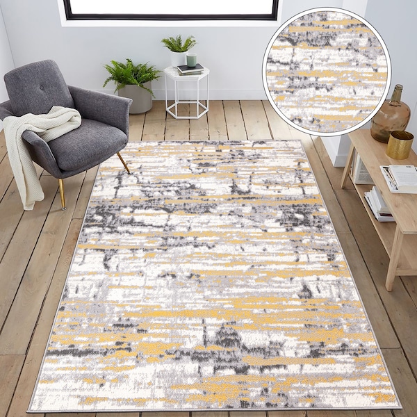 World Rug Gallery Vintage Modern Abstract Yellow/Gray/Ivory Area Rug 5'x7' - 2057YELLOW5X7