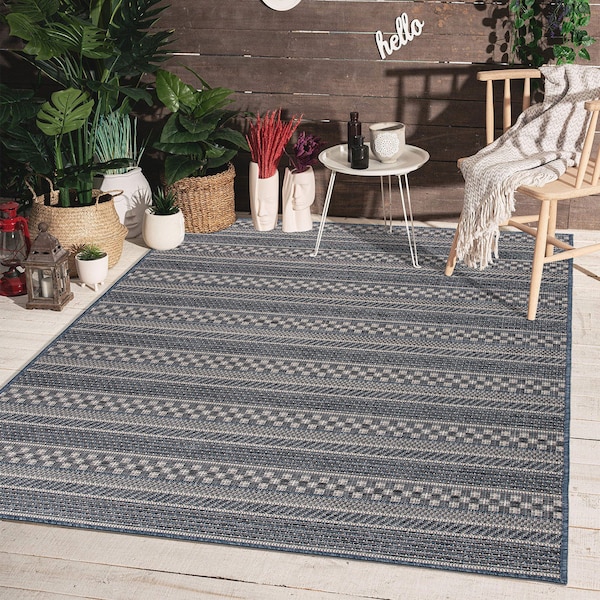 World Rug Gallery Bohemian Stripes Indoor/Outdoor Area Rug 5' x 7' Blue - 418BLUE5X7