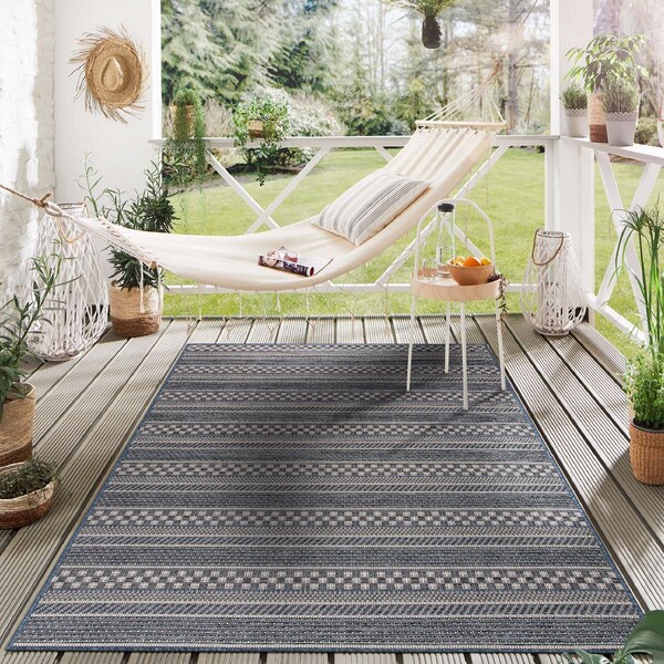 World Rug Gallery Bohemian Stripes Indoor/Outdoor Area Rug 5' x 7' Blue - 418BLUE5X7