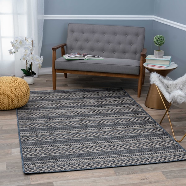 World Rug Gallery Bohemian Stripes Indoor/Outdoor Area Rug 5' x 7' Blue - 418BLUE5X7