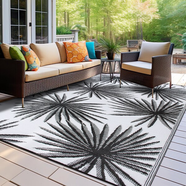 World Rug Gallery Floral Tropical Reversible Recycled Plastic 7'10'' X 10' Black Outdoor Rug - 6075BLACK8X10