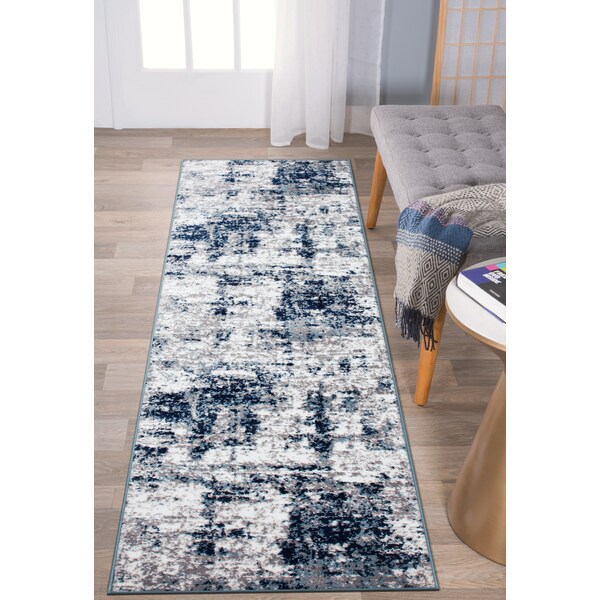 World Rug Gallery Distressed Abstract Runner Rug 2'x10' Blue - 910BLUE2X10