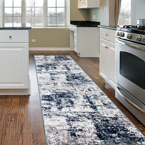 World Rug Gallery Distressed Abstract Runner Rug 2'x10' Blue - 910BLUE2X10