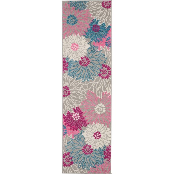 Homeroots 2 x 8 ft. Gray & Pink Tropical Flower Runner Rug - 385422