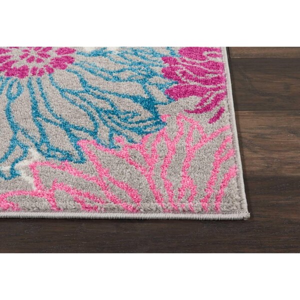 Homeroots 2 x 8 ft. Gray & Pink Tropical Flower Runner Rug - 385422