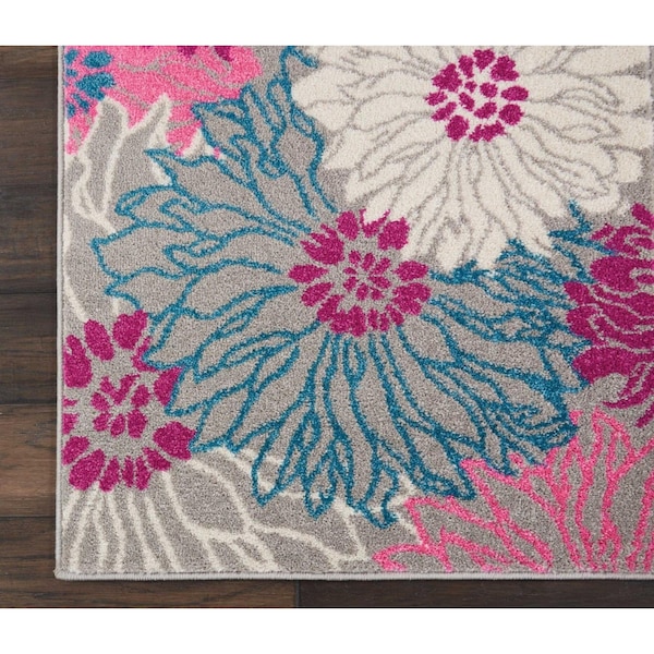 Homeroots 2 x 8 ft. Gray & Pink Tropical Flower Runner Rug - 385422