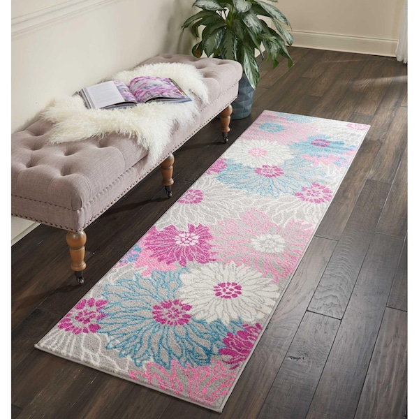 Homeroots 2 x 8 ft. Gray & Pink Tropical Flower Runner Rug - 385422