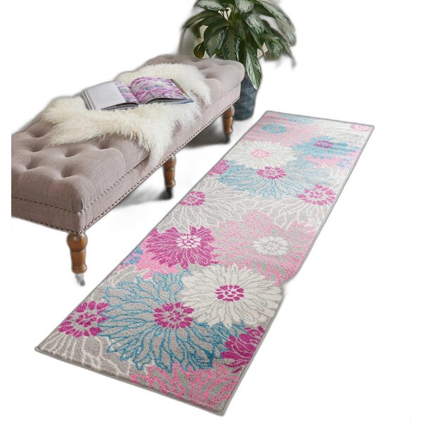 Homeroots 2 x 8 ft. Gray & Pink Tropical Flower Runner Rug - 385422