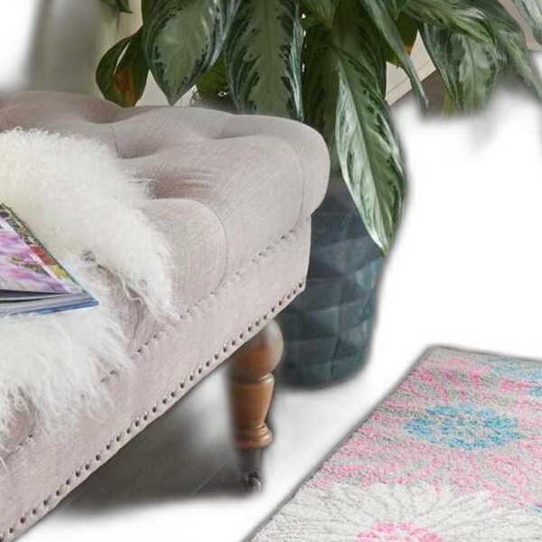 Homeroots 2 x 8 ft. Gray & Pink Tropical Flower Runner Rug - 385422