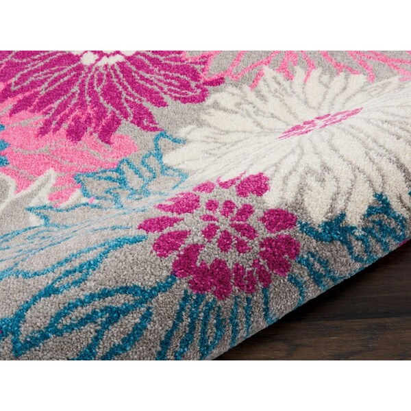 Homeroots 2 x 8 ft. Gray & Pink Tropical Flower Runner Rug - 385422