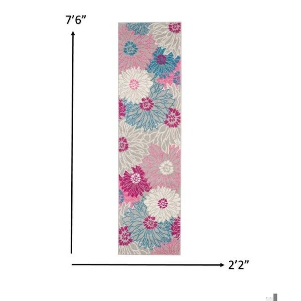 Homeroots 2 x 8 ft. Gray & Pink Tropical Flower Runner Rug - 385422