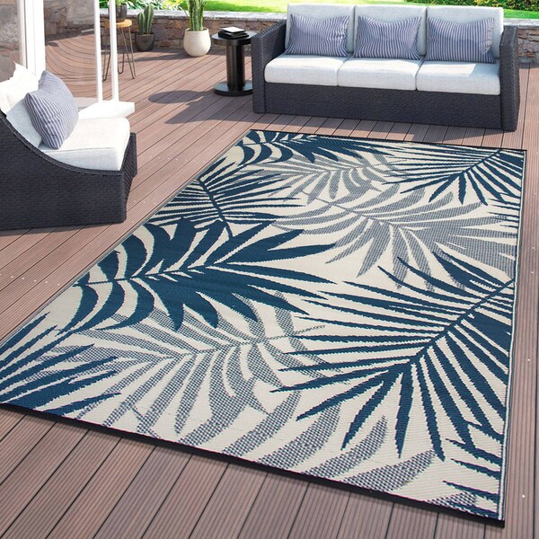 World Rug Gallery Modern Floral Reversible Plastic 5' X 7' Navy Outdoor Rug - 6054NAVY5X7