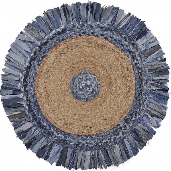 Palacedesigns 66 x 66 in. Denim Blue & Natural Jute Fringed Round Rug - PA3102597