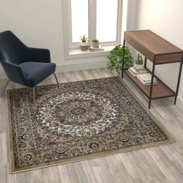 Flash Furniture Ivory 5x5 Square Traditional Persian Style Rug - NR-RGB401-55-IV-GG