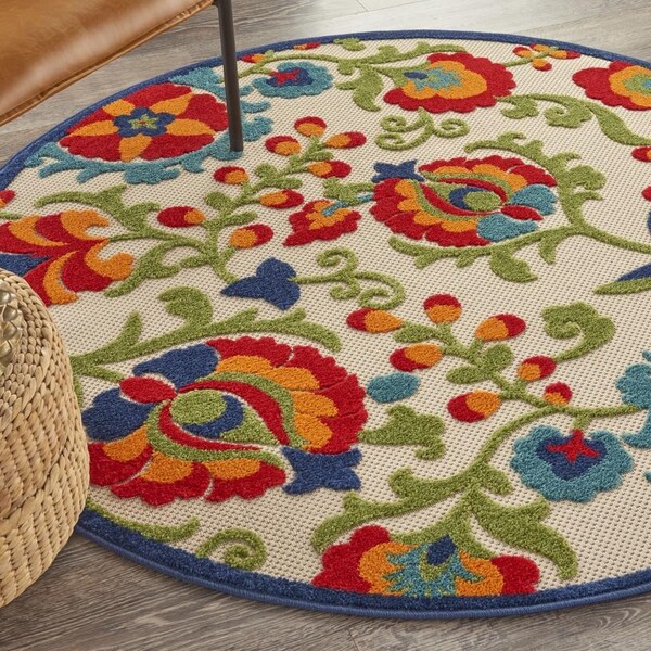 Homeroots 4 ft. Multi Color Round Mediterra Indoor & Outdoor Area Rug - 384792