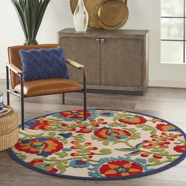 Homeroots 4 ft. Multi Color Round Mediterra Indoor & Outdoor Area Rug - 384792