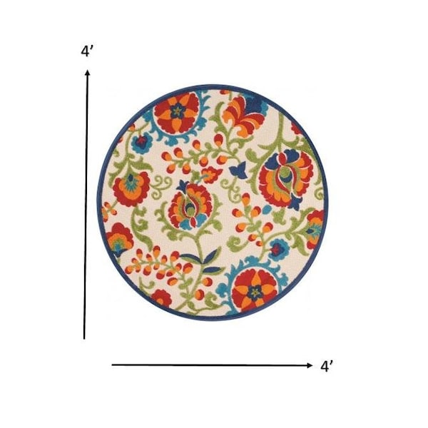 Homeroots 4 ft. Multi Color Round Mediterra Indoor & Outdoor Area Rug - 384792