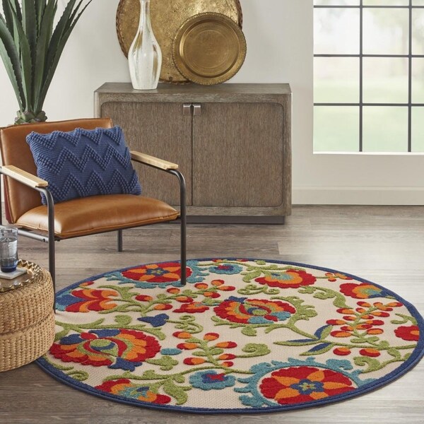 Homeroots 4 ft. Multi Color Round Mediterra Indoor & Outdoor Area Rug - 384792