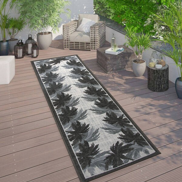 World Rug Gallery Tropical Floral Border Flatweave Indoor/Outdoor Runner Rug 2'x7' Gray - 9012GRAY2X7