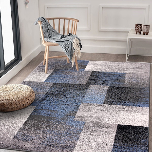 World Rug Gallery Modern Distressed Boxes 5' x 7' Blue - 956BLUE5X7