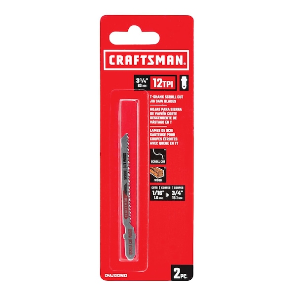 Craftsman T-Shank Scroll Jig Saw Blade, 3-1/4, PK2 - CMAJ1312WS2