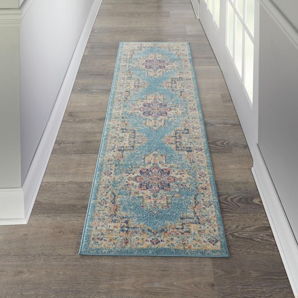 Homeroots 2 x 8 ft. Light Blue Distressed Medallion Runner Rug - 385331